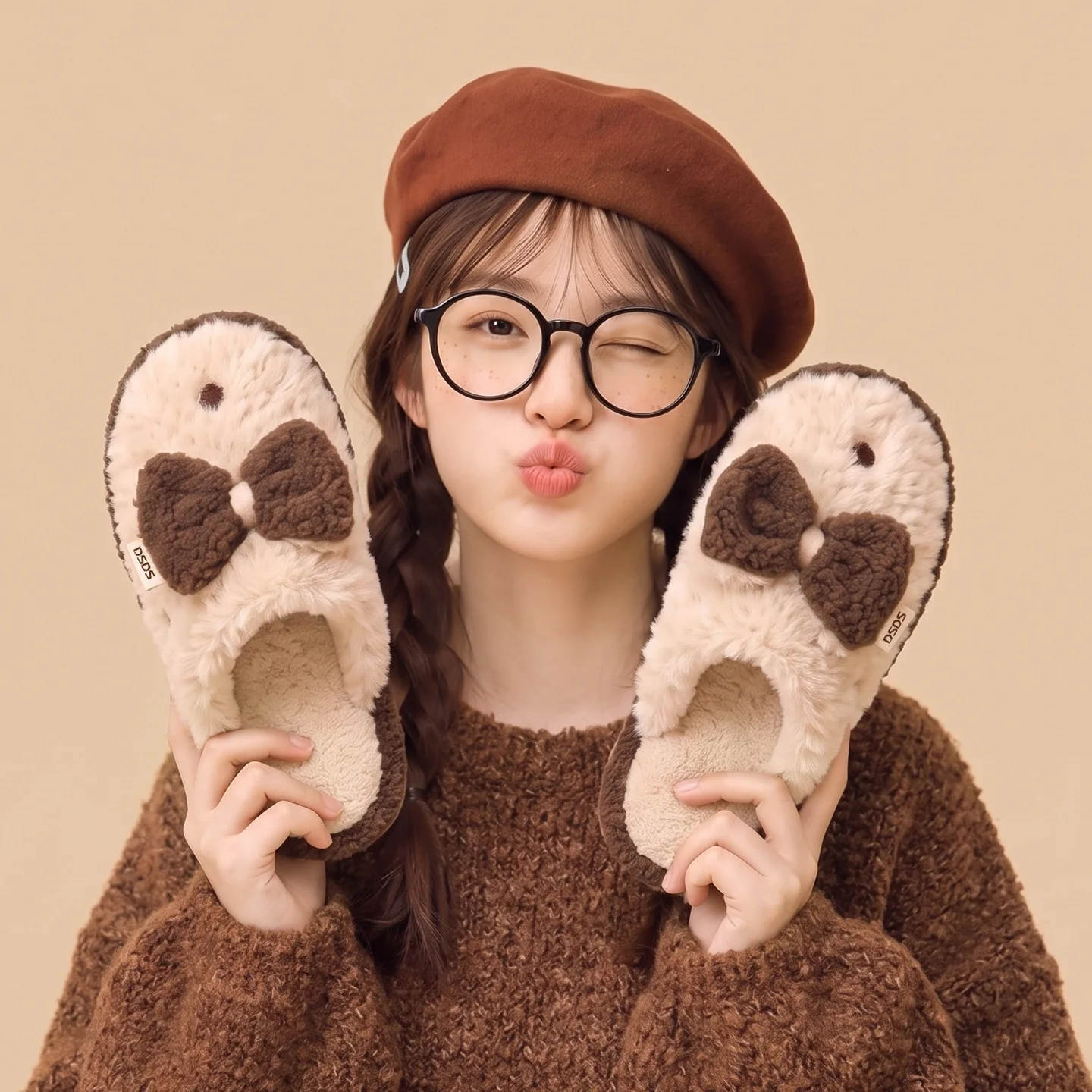 Womens Winter Fluffy House Slippers Cute Contrast Bow Decor Soft Warm Non‑Slip Indoor Home Slides