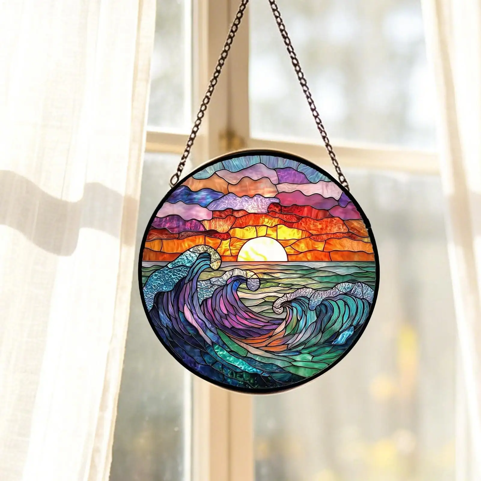 Stained Glass Sun Catcher 8.66 Inch Colorful Round Acrylic Window Hanging with Metal Chain for Study Bedroom Living Room Decor