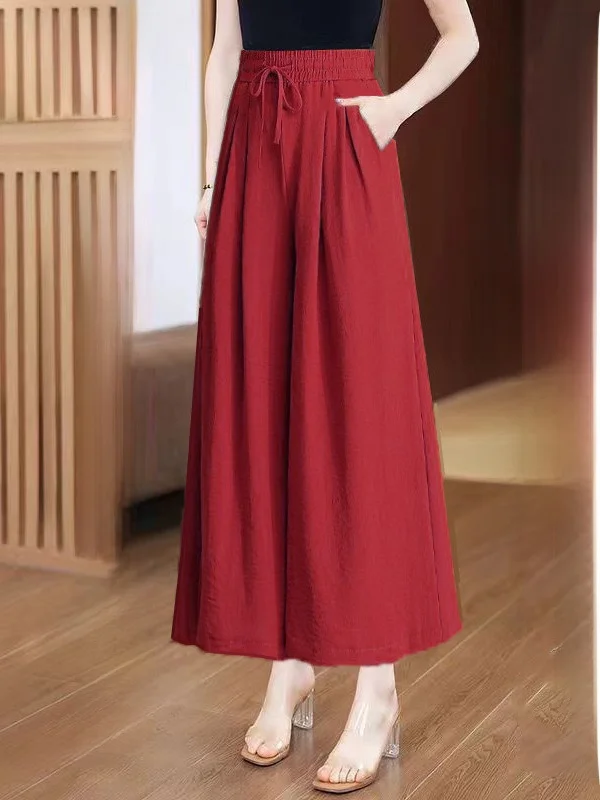 High Waist Thin Wide Leg Skirt Pants Women's Loose Fitting Casual Trousers Korean Style Nine Points Polyester Fiber