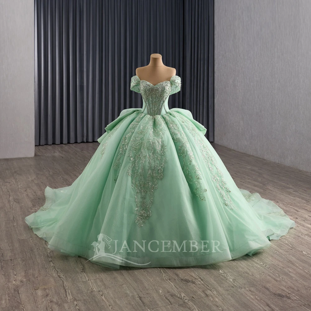 

Блестящие платья Quinceanera зеленого цвета с открытыми плечами на шнуровке сзади из органзы с бисером для вечеринки, дня рождения, милое платье 16, Vestidos 15 De Anos