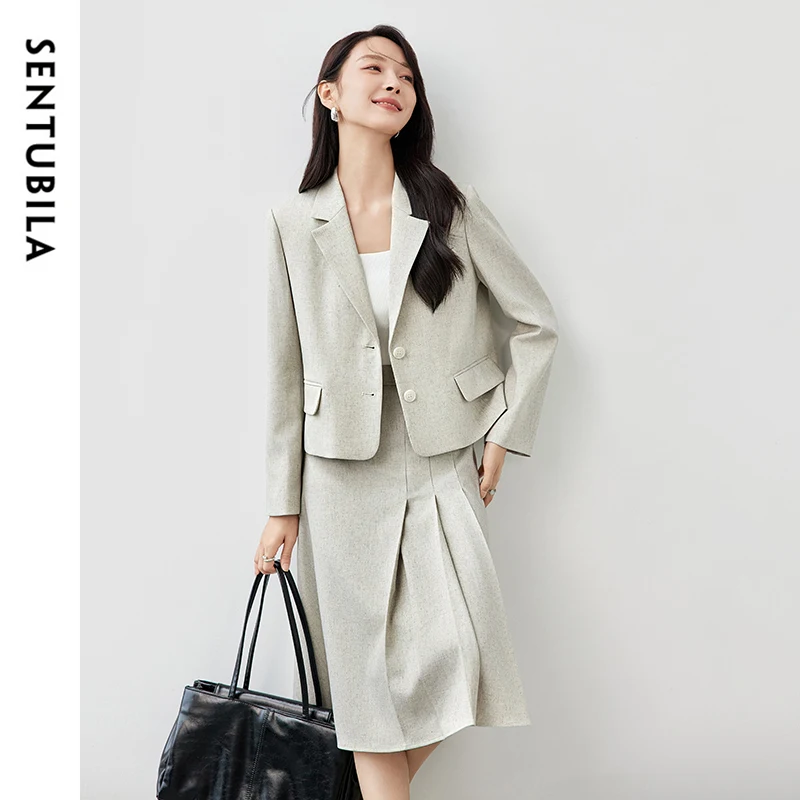 SENTUBILA Women Commute Blazer Skirt Suits Work Wear 2 Piece Outfits 2024 Autumn Linen Blend Cropped Blazer Skirt Sets 143Z56734