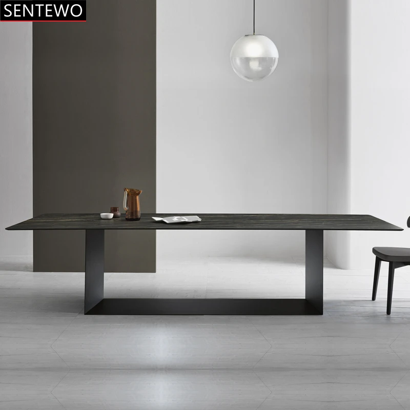 SENTEWO Ltalian Luxury  Marble dining table and 6 dinning chairs Metal Carbon steel frame table home furniture cuisine meuble