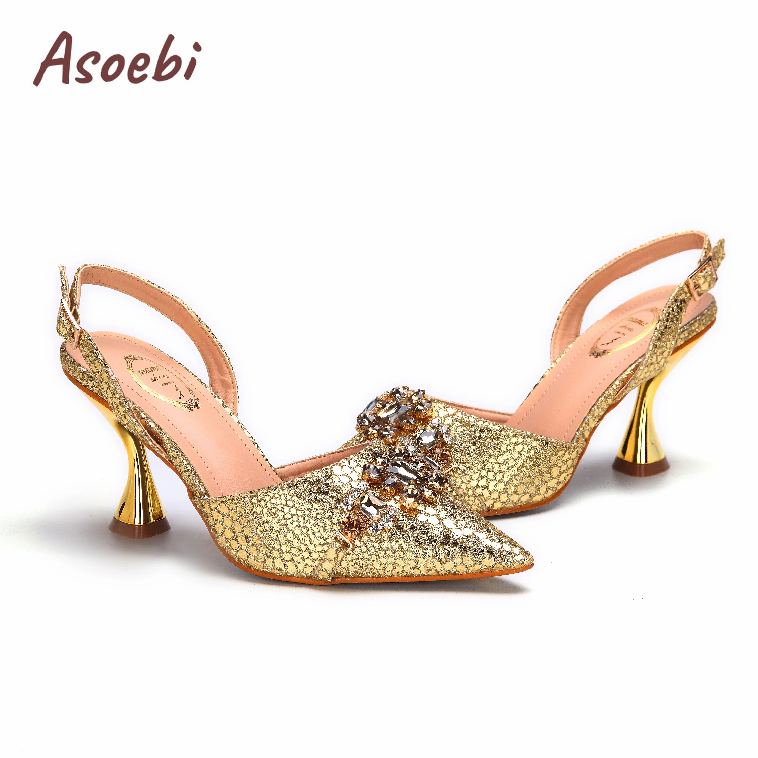 Gold Sandals for Women 2024 Luxury Wedding Pumps High Heels Rhinestone Design Party Shoes and Bags Set for Wedding Party