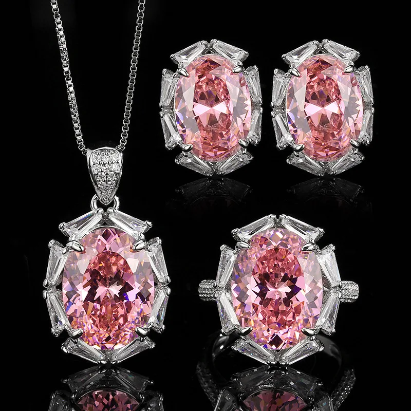 

Luxury Pink Oval Crystal Zircon Jewelry Adjustable Ring Pendant Necklace Earring Bridal Wedding Elegance Engagement Trendy Gift