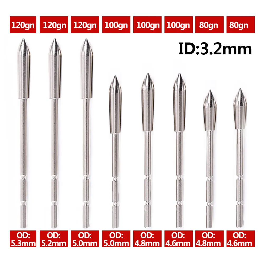 12pcs ID 3.2 mm  Archery Arrow Head Stainless Steel Insert Arrow Point 80-120 Grains for ID 3.2mm Shaft