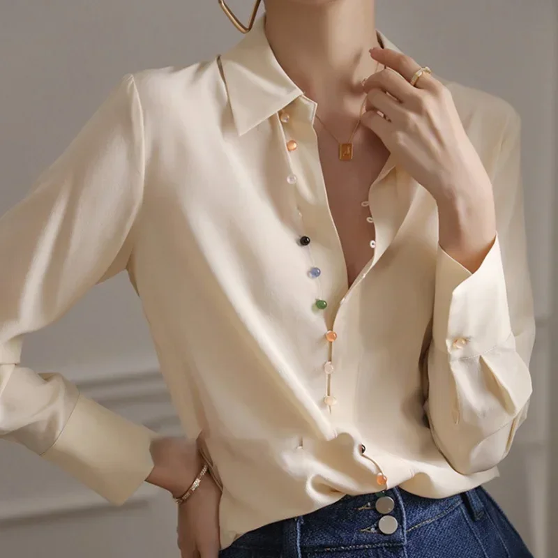 2023 Satin Silk Women Colorful Button Up Shirt Elegant Spring New Casual Ladies White Shirt Tops Chic Vintage Women Blouse 18834