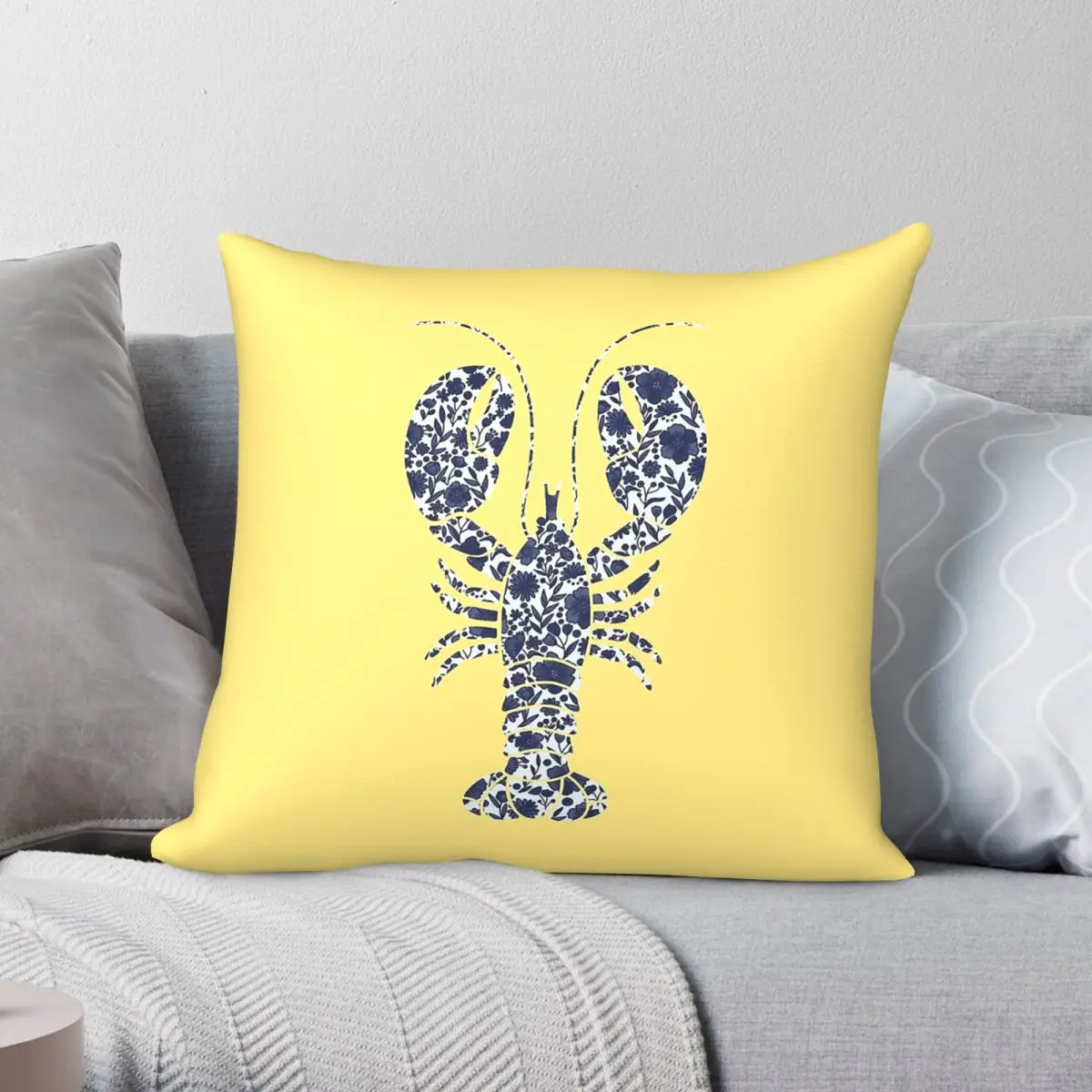 Light Blue Lobster Yellow Square Pillowcase Polyester Linen Velvet Creative Zip Decor Throw Pillow Case Home Cushion Cover