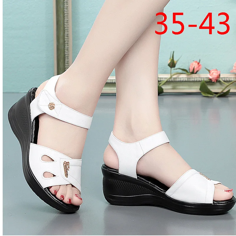 

Summer Women's Sandals Open Toe Shoes Genuine Leather Mother Sandals Comfortable Shoes Female Wedges Sandals Large Size 35-43