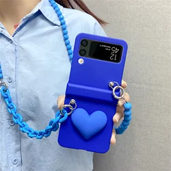 Korean Stylish Klein Blue Crossbody Lanyard Beads Bracelet Case for Samsung Galaxy Z Flip 5 Z Flip 4 3 3D Love Heart Cover Coque