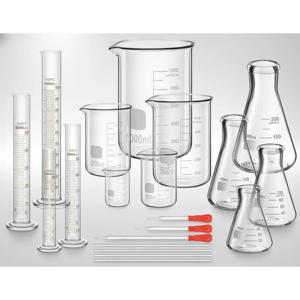 

Набор лабораторной посуды емкостью 50–1000 мл — 20 шт. Боросиликатные стаканы, цилиндры и капельницы для научных экспериментов