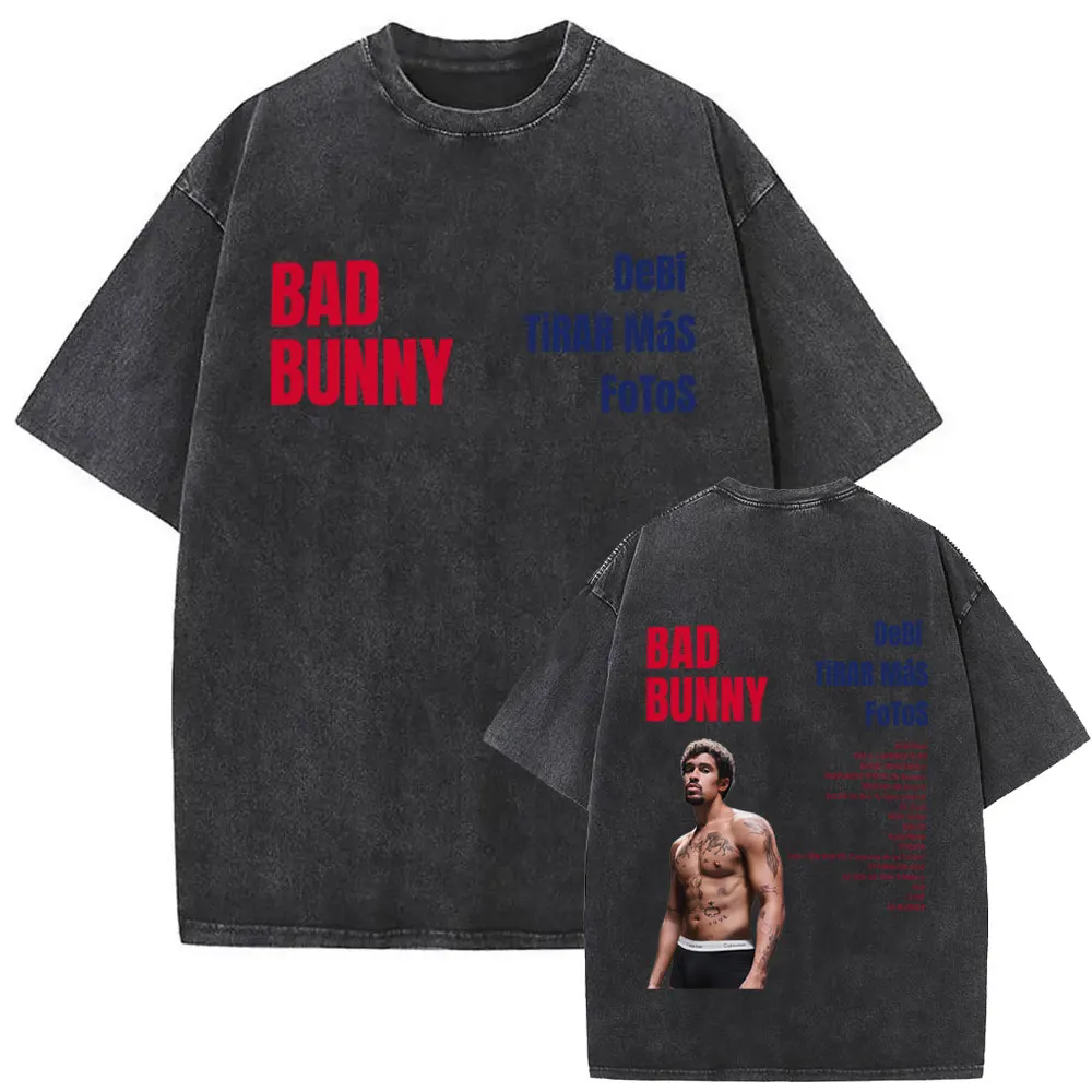 Rapper Bad Bunny Vintage Acid Washed T Shirts Fans Gift Debi Tirar Mas Fotos DTMF 2026 T-shirt Men's Hip Hop Fashion T-shirts