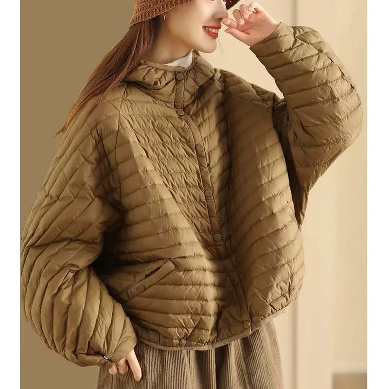 Short Hooded Down Jackets for Women, Lightweight Quilted Puffer Coats, Retro Bread Clothing, Warm Loose Outerwear, Winter