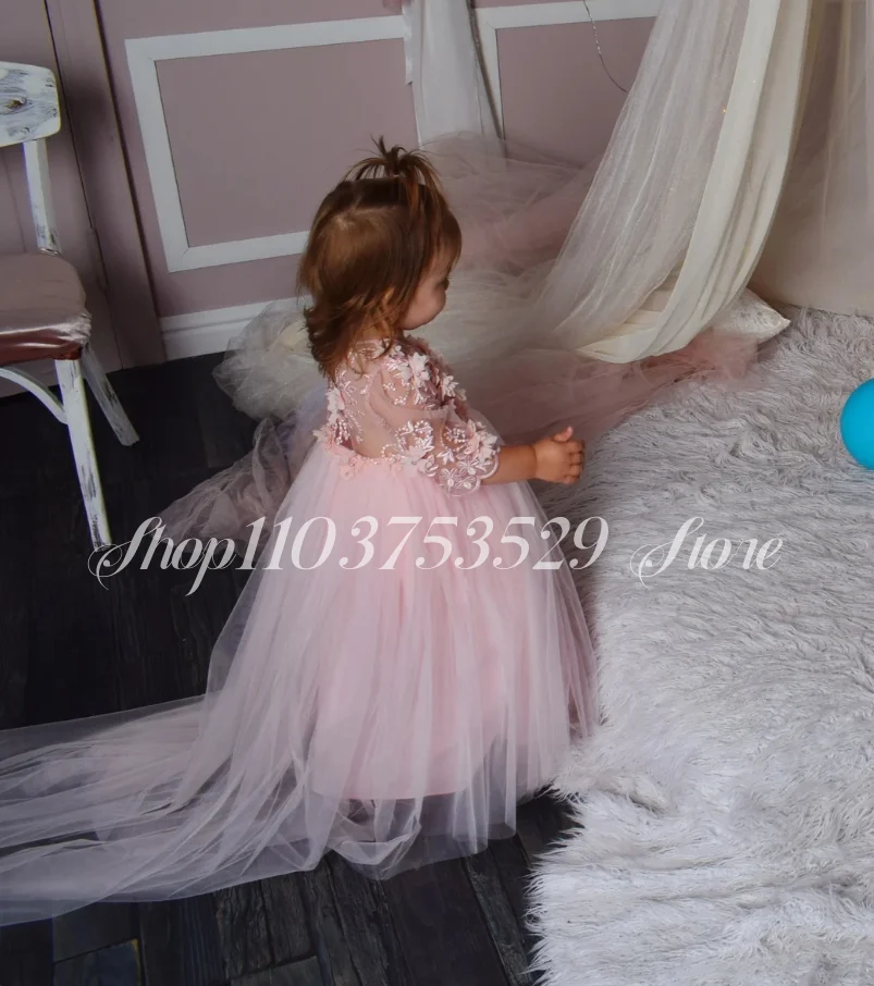 Pink Flower Girl Dresses 2025 New Floral Tulle A-Line Dresses Customised Formal Occasion Birthday Banquet Children's Day Dresses