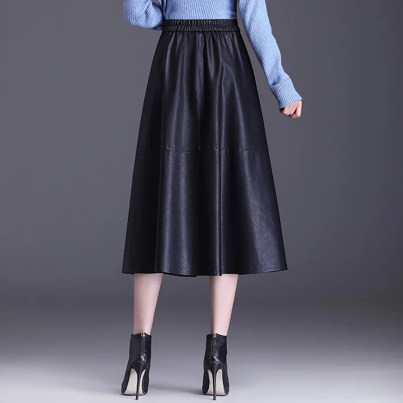 2025 women's PU leather simple long style, fashionable large swing leather skirt, elastic waist A-shaped skirt