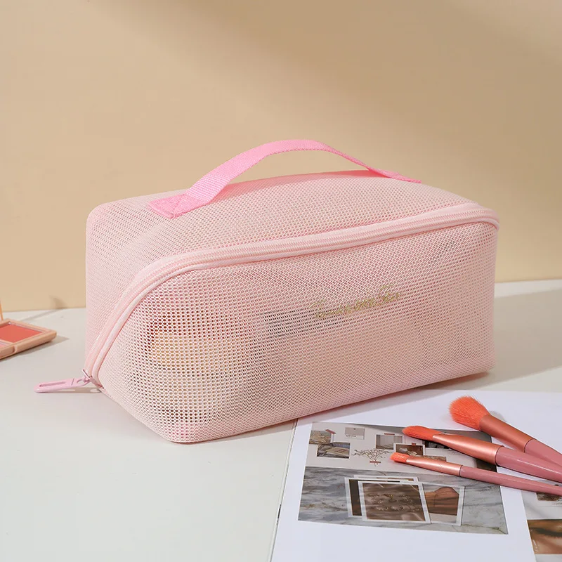 Transparent Mesh Women Pillow Cosmetic Bag Portable Tote Makeup Toiletry Storage Handbag Travel Organizer Clear Zipper Bag