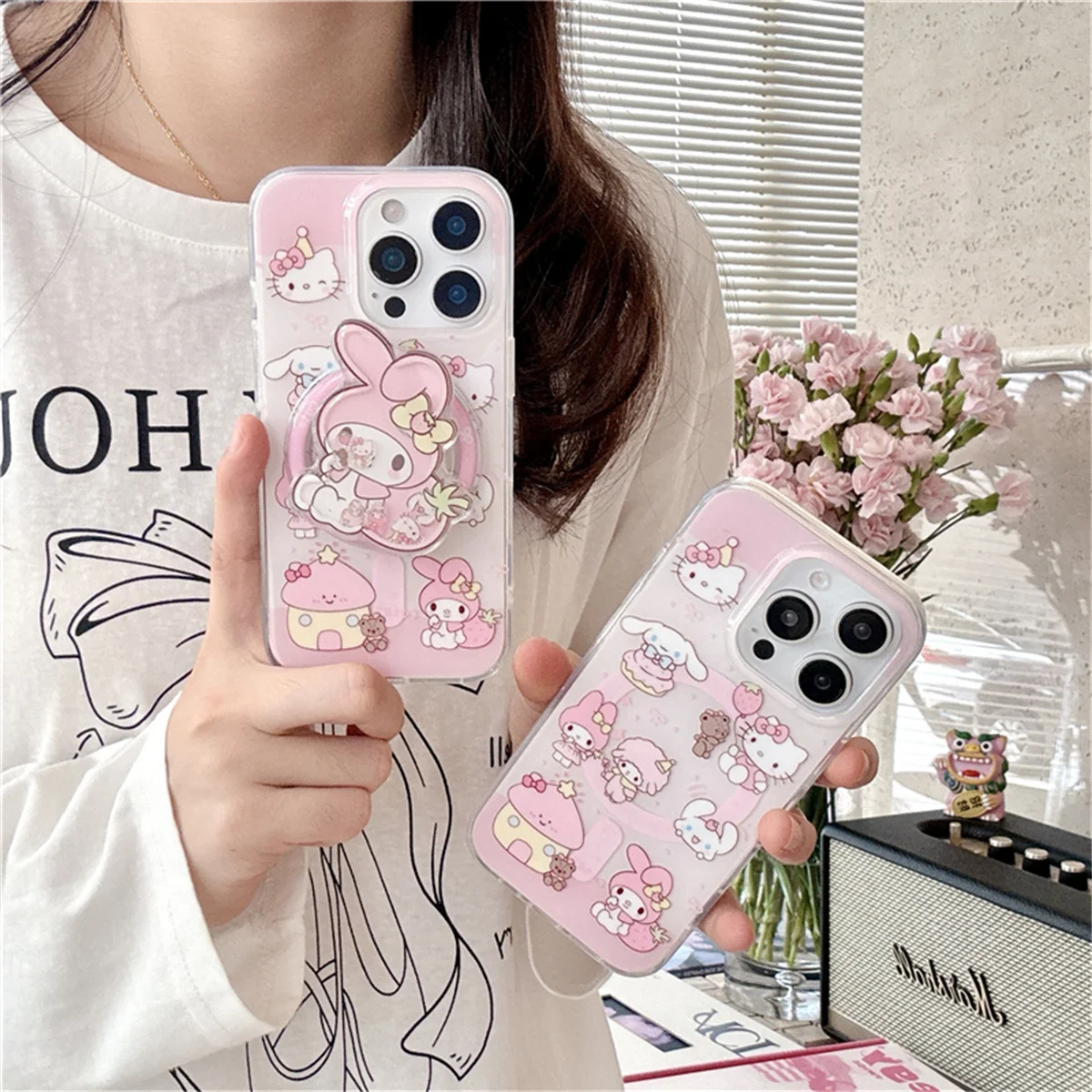 

Fashion Cute Pink Sanrio Melody Magnetic Phone Case For iPhone 16 Pro 14 15 Pro Max Cover with Holder Shockproof Cases