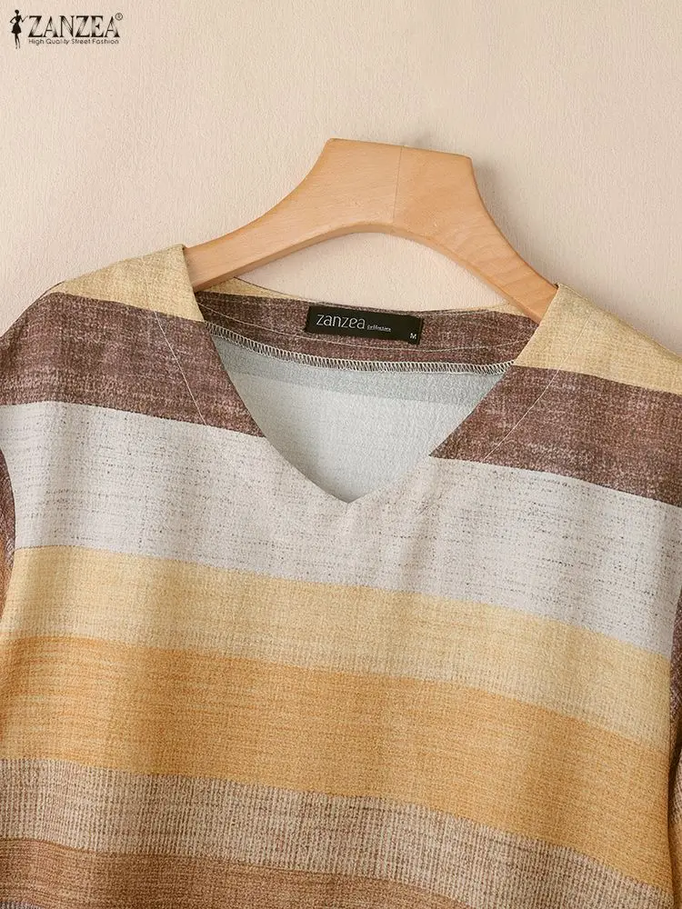 فستان تي شيرت مخطط بألوان متباينة فستان نسائي صيفي 2025 أنيق برقبة على شكل حرف v وأكمام قصيرة فساتين فضفاضة غير رسمية بطول الركبة ملابس يومية #3
