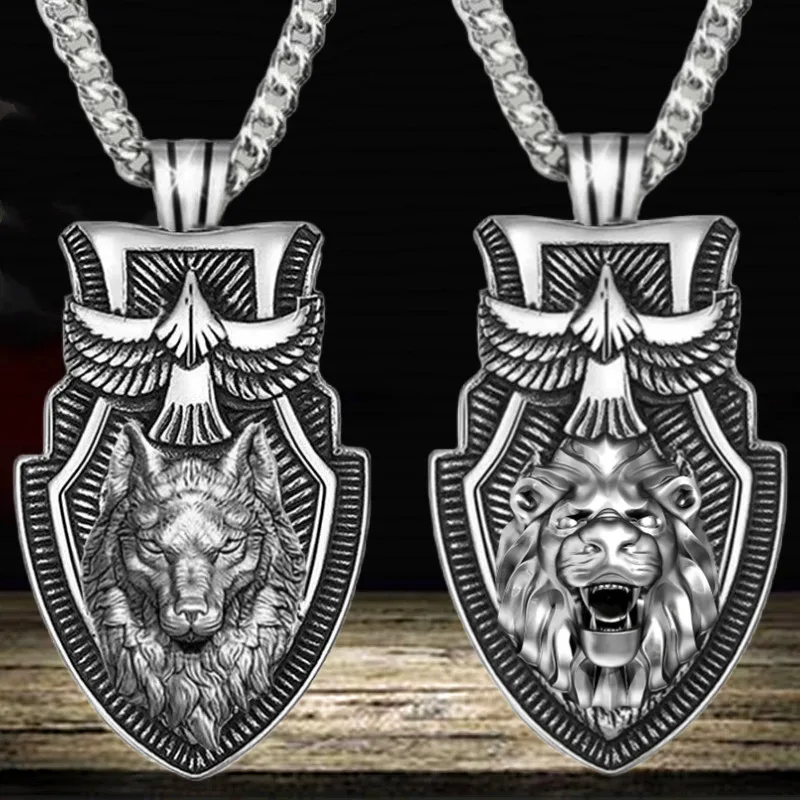 Fashion Men\'s Wolfhead Necklace Stainless Steel Triangle Pendant Hip Hop Necklaces for Men Punk Animal Jewelry Anniversary Gift