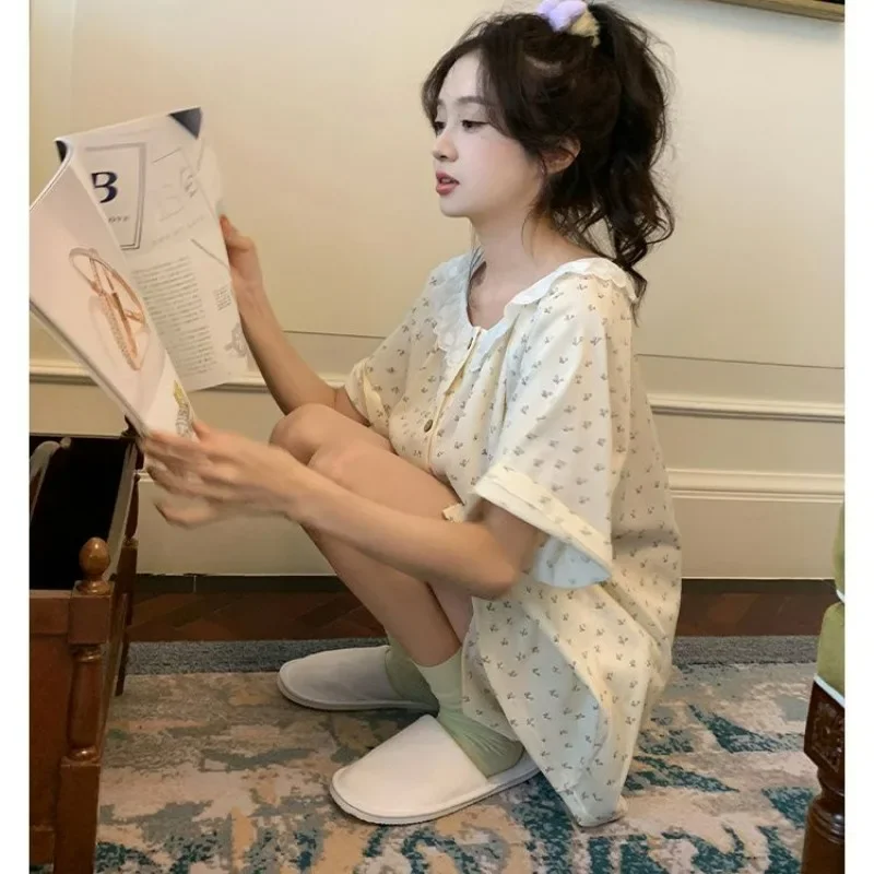 Cherry Sleepwear Women Korean Reviews Many Pajama Sets Summer Home Wear Short Sleeve Pyjamas Lace Two-piece Set Japanese Piiama