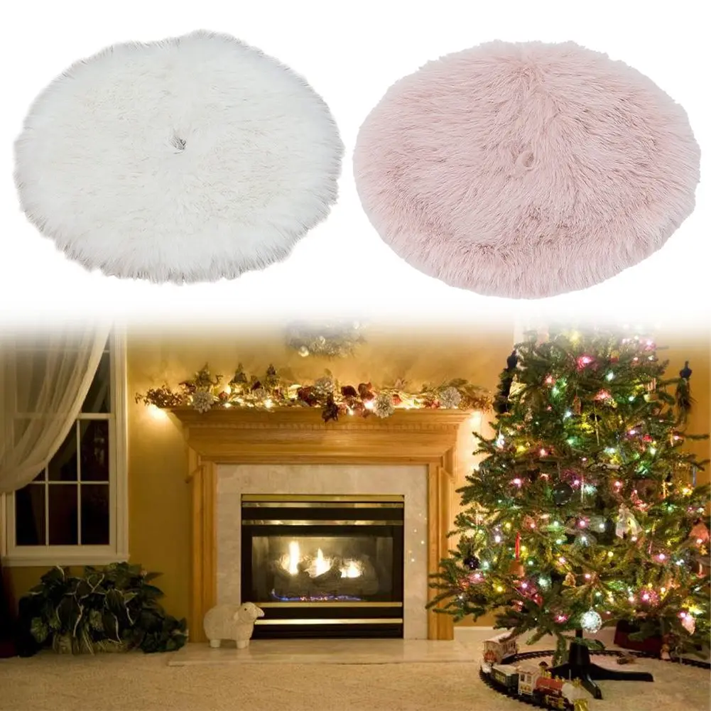 Small Christmas Tree Skirt Floor Mat Solid Color Plush Xmas Tree Pad Atmosphere Christmas Decorations Pink Or White