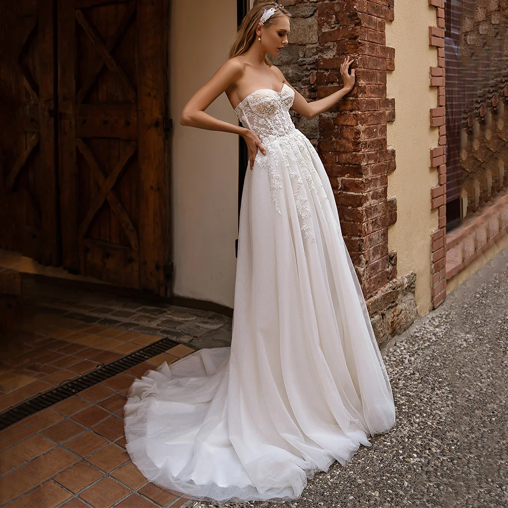 Classic Strapless Sweetheart Trouwjurk Applique A-lijn Mouwloos Sexy High Side Slit Floor Lengte Bridal Backless Jurken