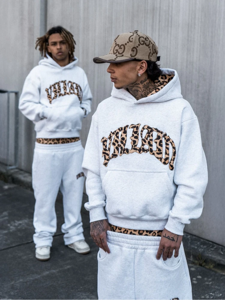 2025y2k lined leopard print letter embroidered street casual pants, men's and women's versatile hooded sweatshirt