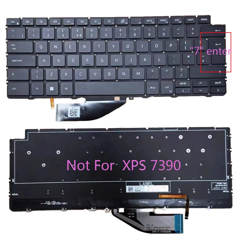 

Клавиатура для ноутбука DELL XPS 7390 2 в 1 с подсветкой, без рамки, черная, Великобритания