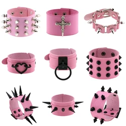 2023 PU Leather Pink Cross Studded Bracelet Punk Bracelet Adjustable Goth Cuff Bracelet Gothic Rivet Buckle Wristband for Women