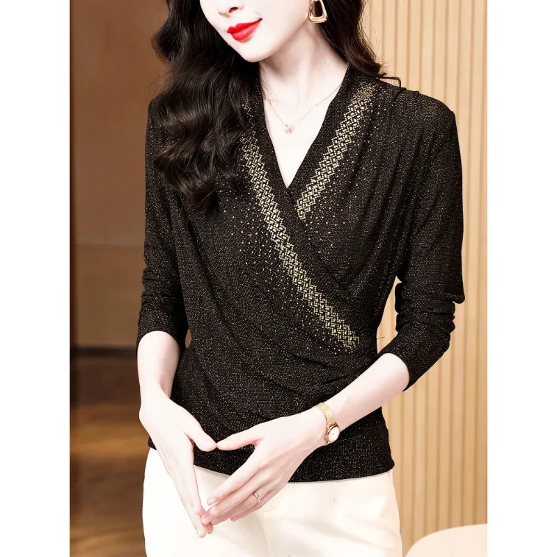Cross V-neck Bright Silk Mesh Top Women Autumn Winter New Fashionable Diamond Ironing T-shirt