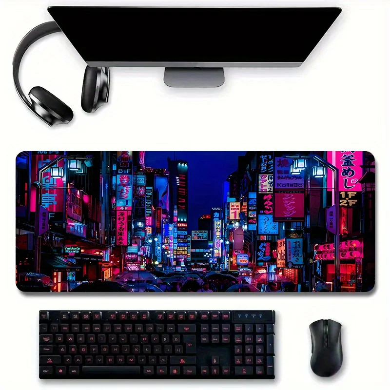 Grand tapis de souris de jeu Cyberpunk Neon City Night View, polymère de bureau, tapis de clavier d\'ordinateur, cadeau de vacances d\'anniversaire