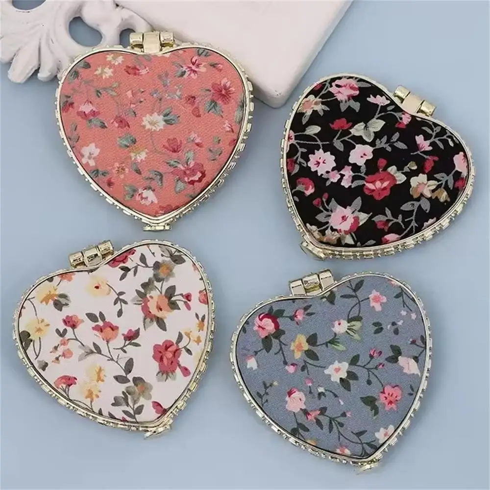 

Heart-shaped makeup mirror, Chinese-style artistic retro fabric print double-sided foldable portable mini compact mirror