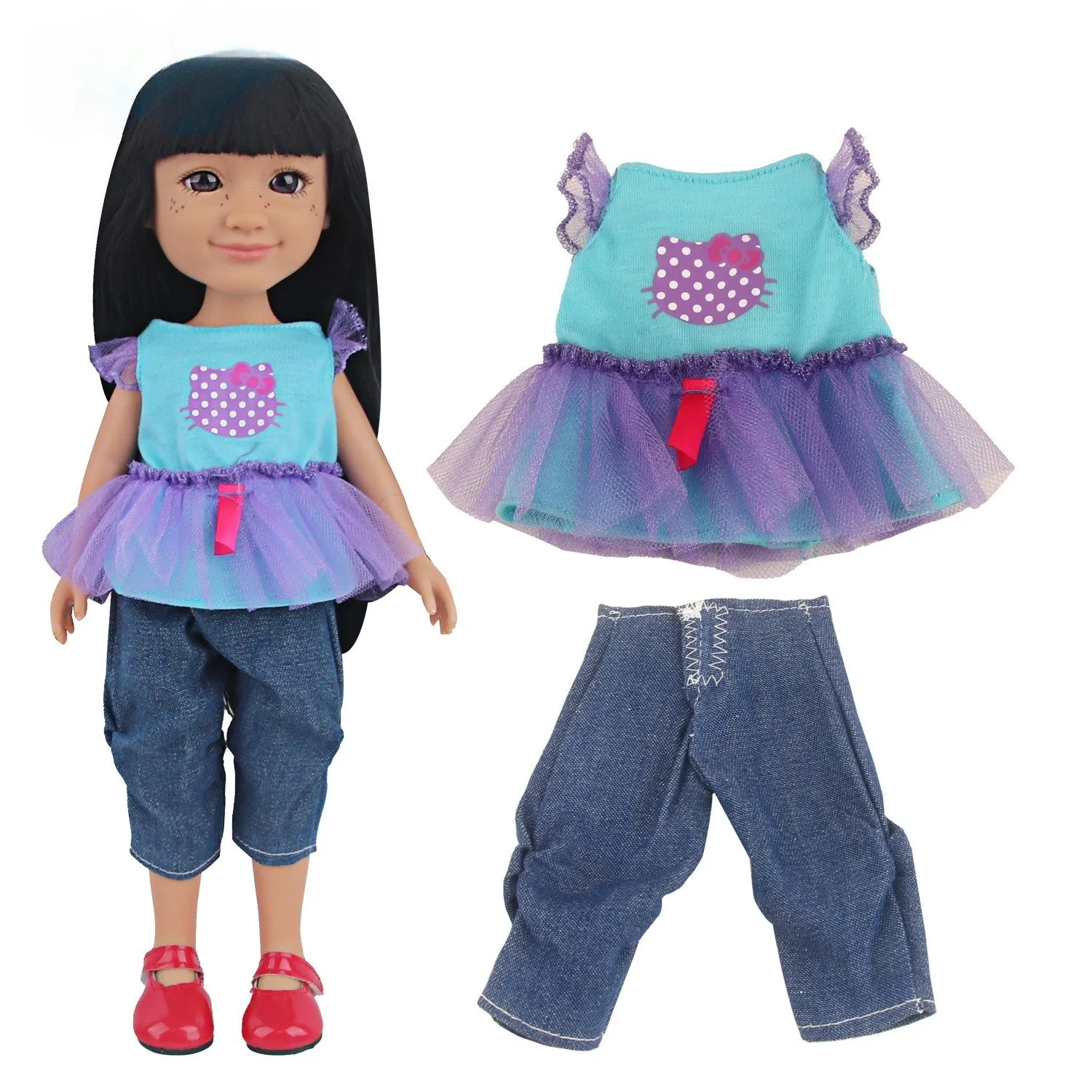 

14-inch reborn doll, colorful gauze top, jeans set, doll dress-up outfit