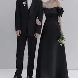 Doce arco fora do ombro vestidos de casamento, elegante vestido de noite, até o chão, uma linha, simples cetim, preto, novo