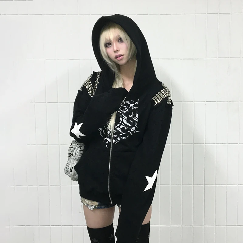 Karrcat الجرونج جماليات الوشم طباعة سترة Trashy 2000s نمط مقنعين ملابس خارجية اليابانية Y2k برشام معطف القوطية الأمريكية الرجعية