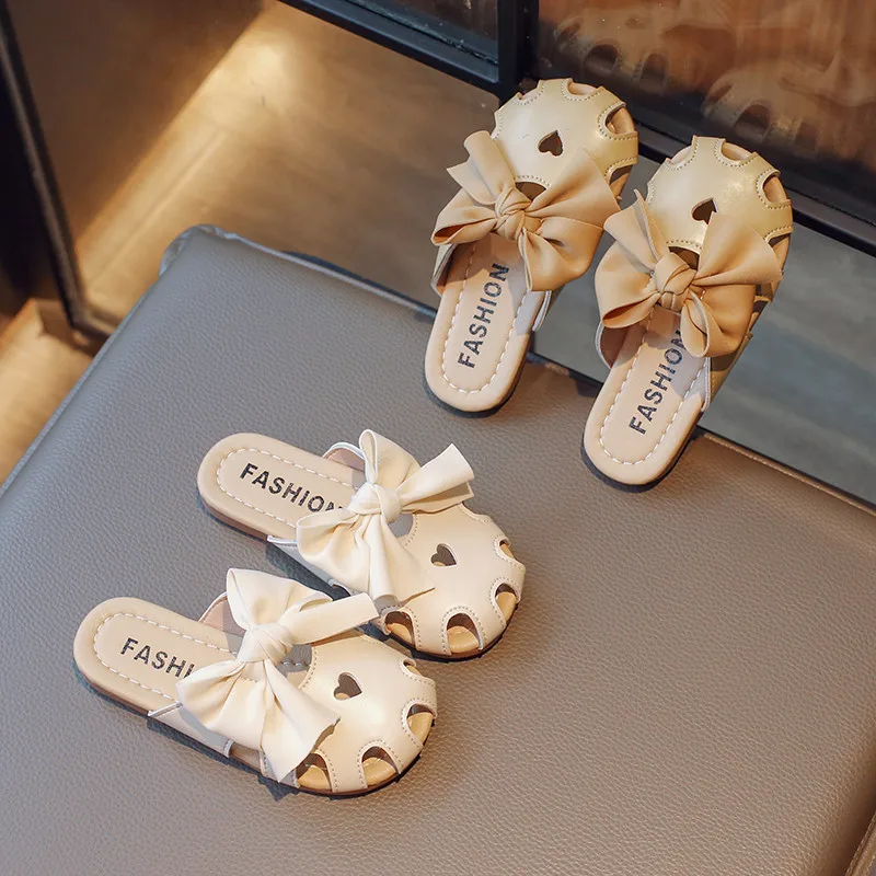 Children Half Slippers Fashion Girls Hollow Princess Shoes with Bow-knot Anti Slip Soft Sole Children Flats Toes Capped Slippers
