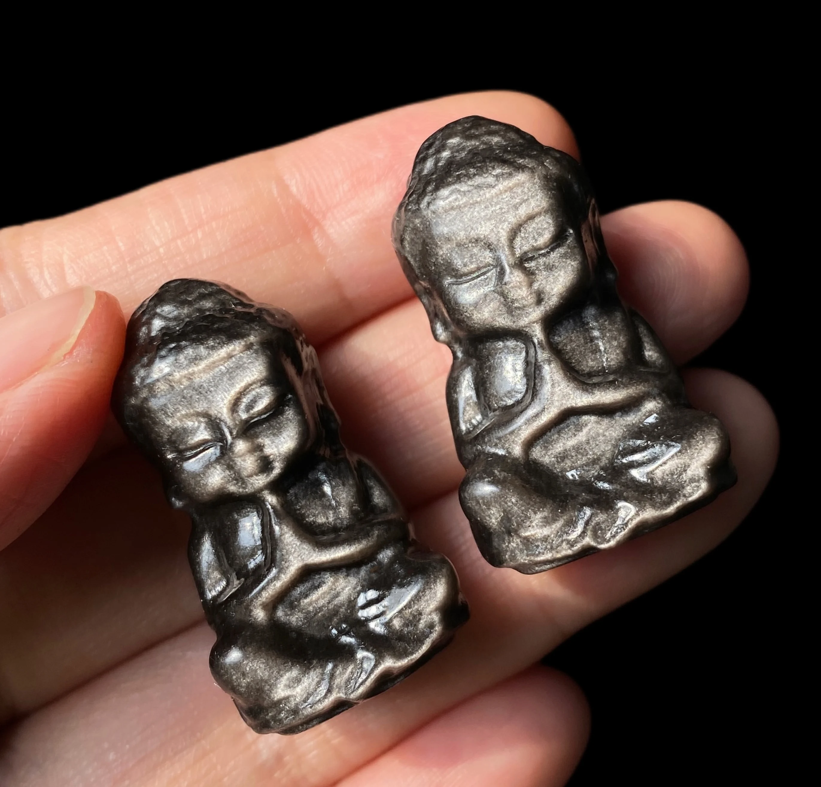 1pc Natural Silver Obsidian Baby Buddha Carving Crafts, Crystal Ornament, Creative Home Office Desktop Decorations, Perfect Gift