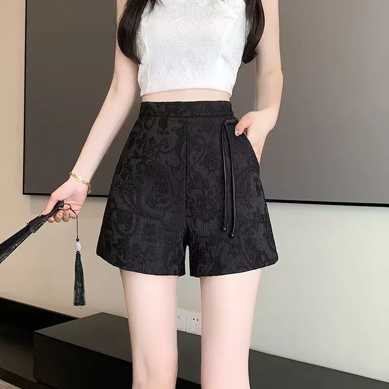 2025 Chinese Style Jacquard Satin Tassel Shorts High Waist Casual Short Ladies Shorts Office Lady Elegant Elastic Waist Short