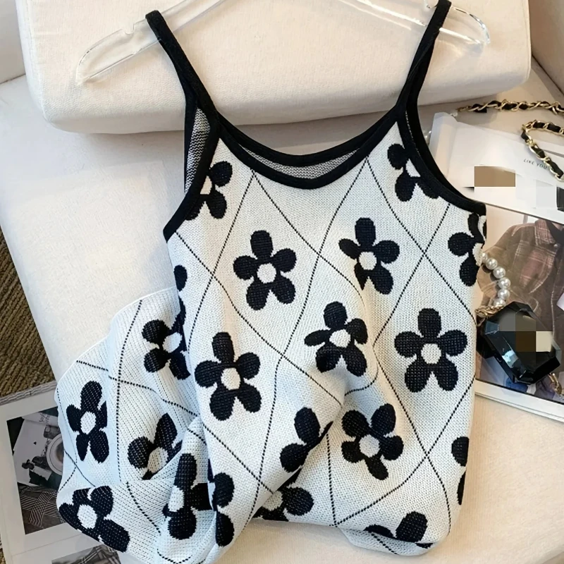 Nuovo abito estivo con motivo floreale lavorato a maglia, mini abito senza maniche per le donne, abbigliamento da vacanza, vestito estivo, moda nuova