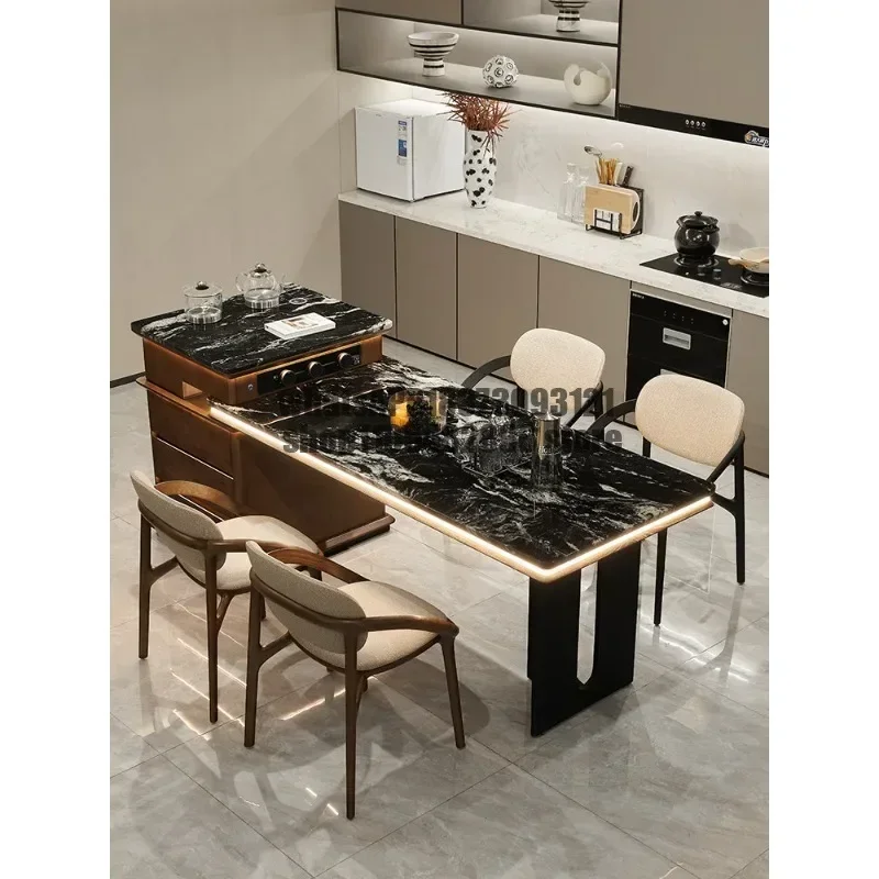 Solid wood inlaid with cosmic black, natural luxury stone island, integrated ambient light, villa/living room designer furniture