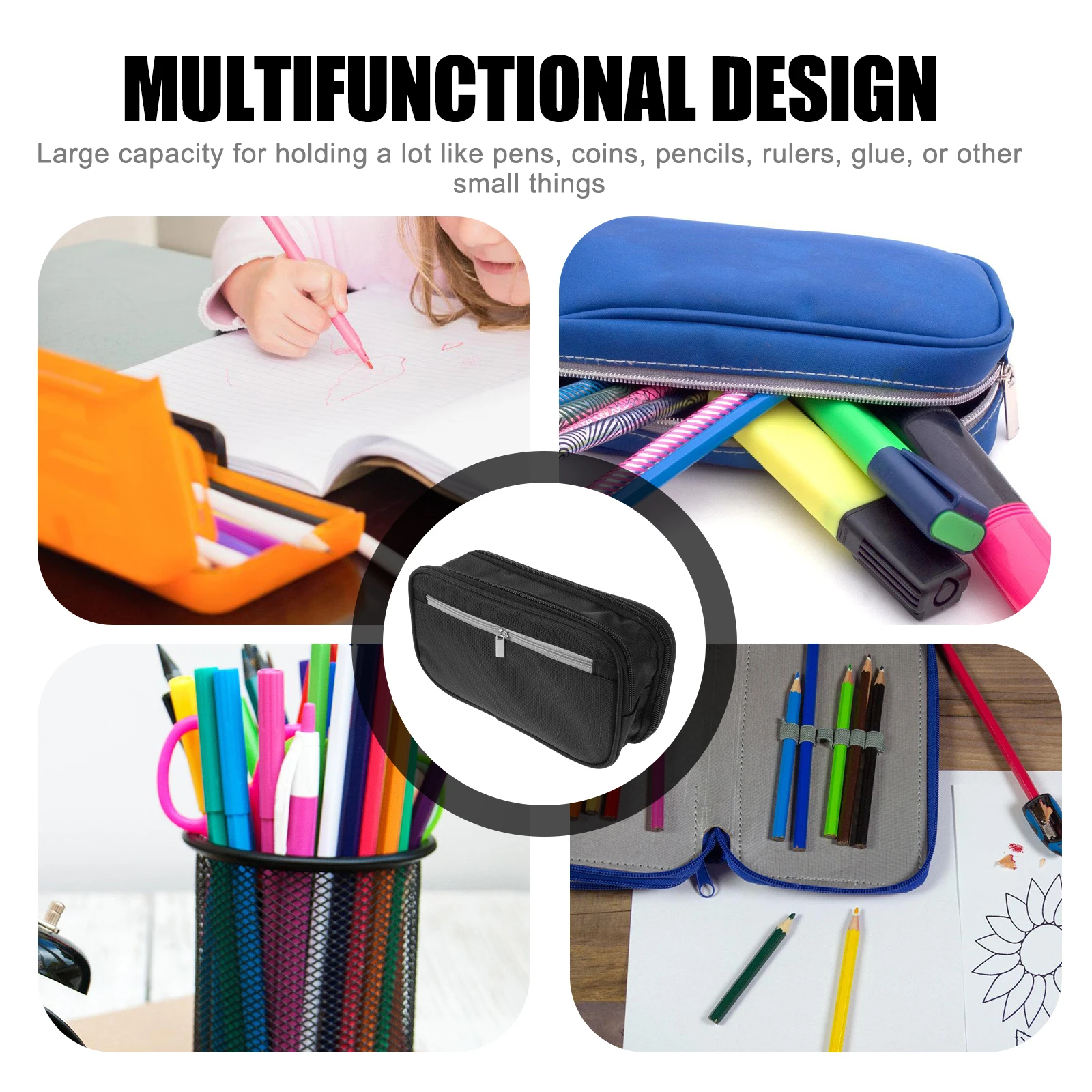 

Pencil Case and Portable Stationery Bag Storage Pouch Large Capacity Black Make up Bags