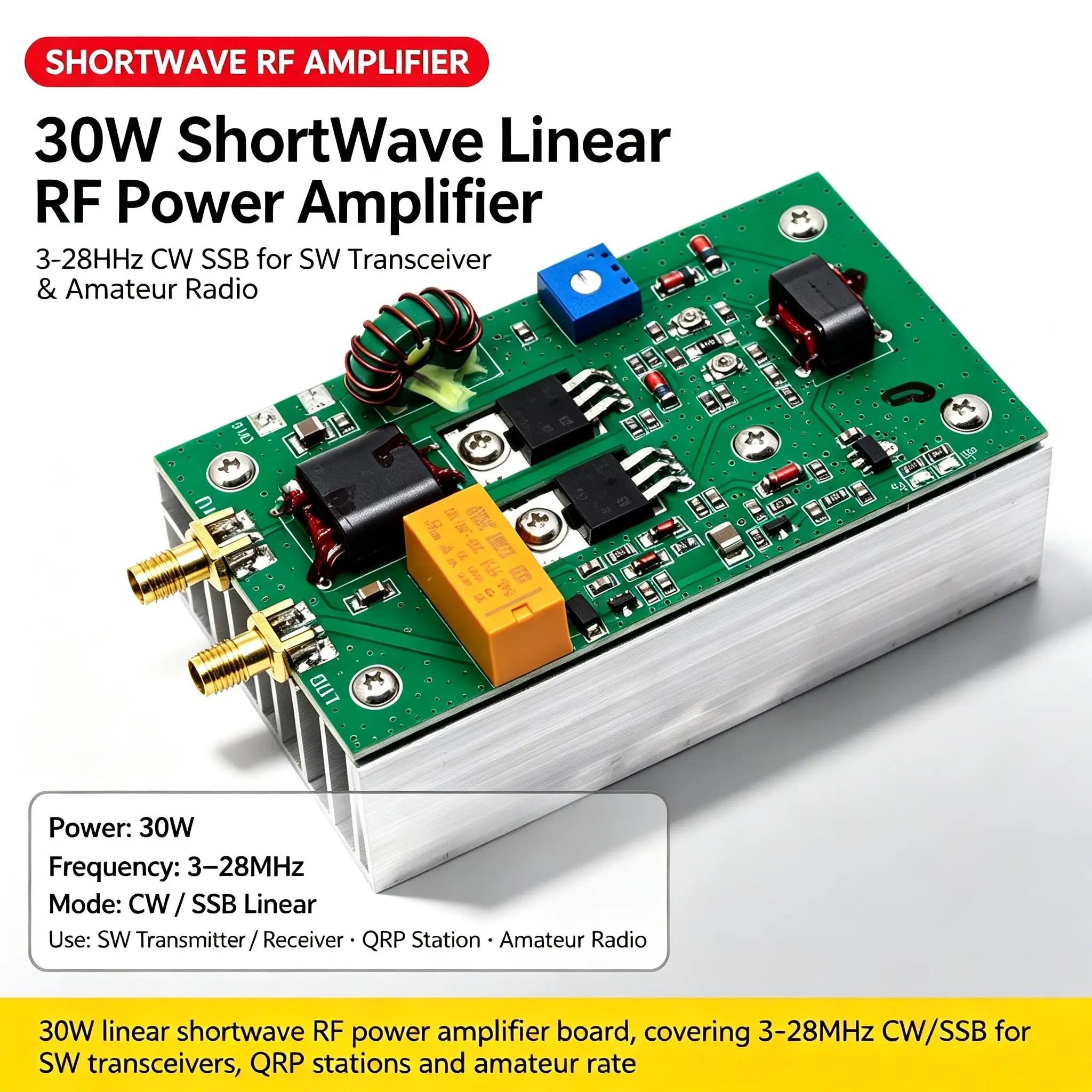 DYKB 30W ShortWave Amp Board 3-28MHz CW SSB Linear RF Power Amp Signal Drive Transmitter Receiver Amateur Radio QRP Station