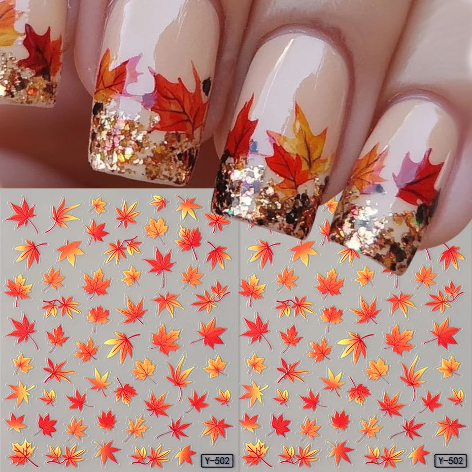 Autumn Red Leaf Nail Art Stickers Orange Yellow Fall Leaves Golden Autumn Nail Decals Self-Adhesive Sliders DIY Nail Supplies
