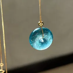Natural Blue Aquamarine Women Pendant Donut Round 14K Gold 19.1x7.5mm Pearl Bads Necklace Certifiate