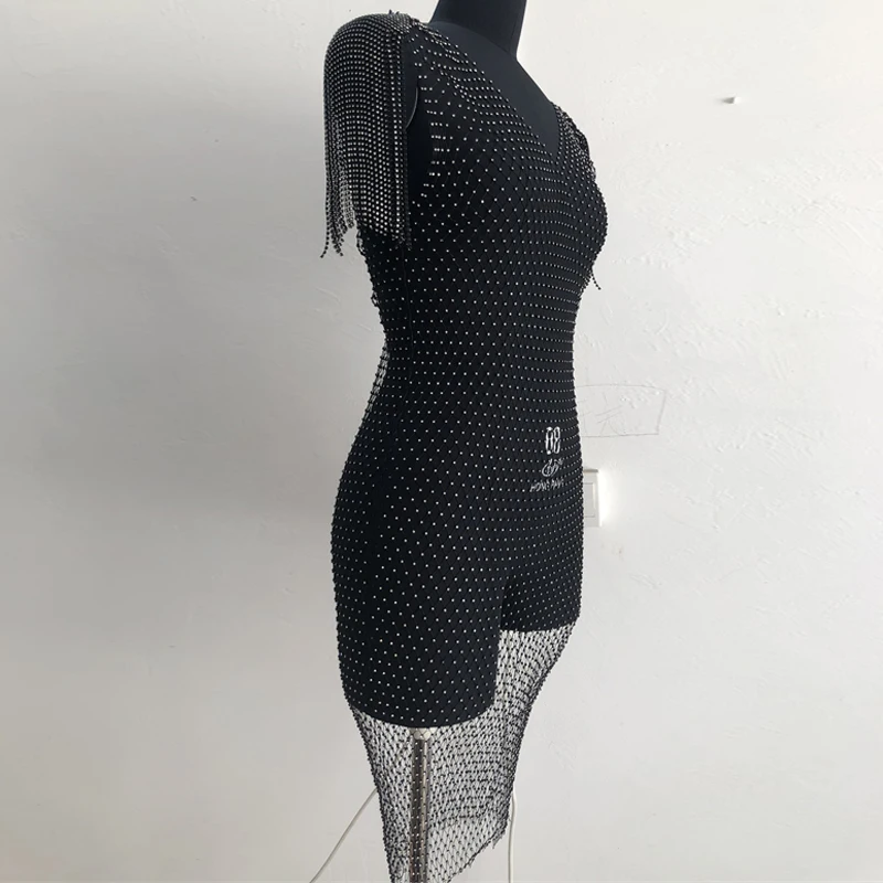 Strass-Fransen Netz-Überwurfkleid Transparentes Fischnetz-Quasten-Minikleid für Damen Clubwear Strand-Bikini-Überwurf Schwarz Weiß – Detail 8
