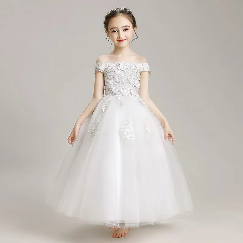 Luxury Child First Communion Dress White Beading Appliques Party Dress Beads Tiered Tulle Puffy Flower Girl Dresses For Weddings