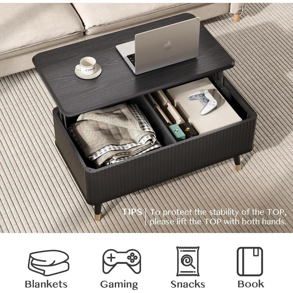 Lift Top Coffee Table with Storage Shelf & Hidden Compartment, Mid Century Modern Fluted Rectangle Dining Table for Living Room