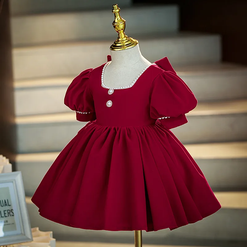 Red Dress Autumn Girls High-end Baby First Birthday Princess Dress Flower Girl Wedding Piano Performance Dress