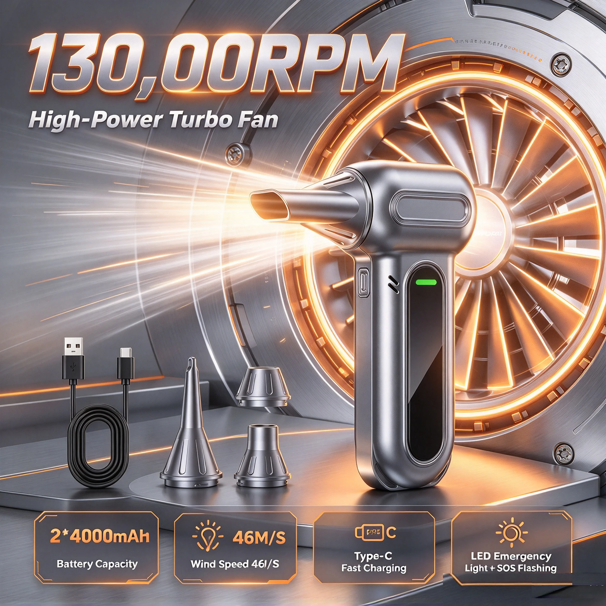 Powerful Fan Duster Wireless Air Blower Air Duster 130000RPM 5-Speed Adjustable Portable Fan LED/SOS for Car/Home/Outdoor