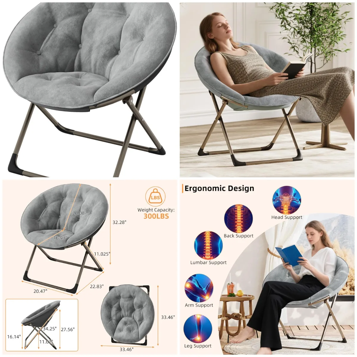 

Faux Fur Moon Chair with Folding Metal Frame, Oversized Plush Lounge Seat for Adults, Teens - Grey