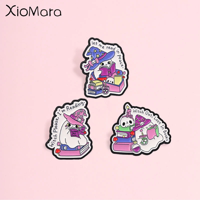 Cute Cartoon Witch Ghost Book Badge, Funny Magical Reading Enamel Pin, Fashion Clothes Backpack Accessory, Gift for Witch Lovers